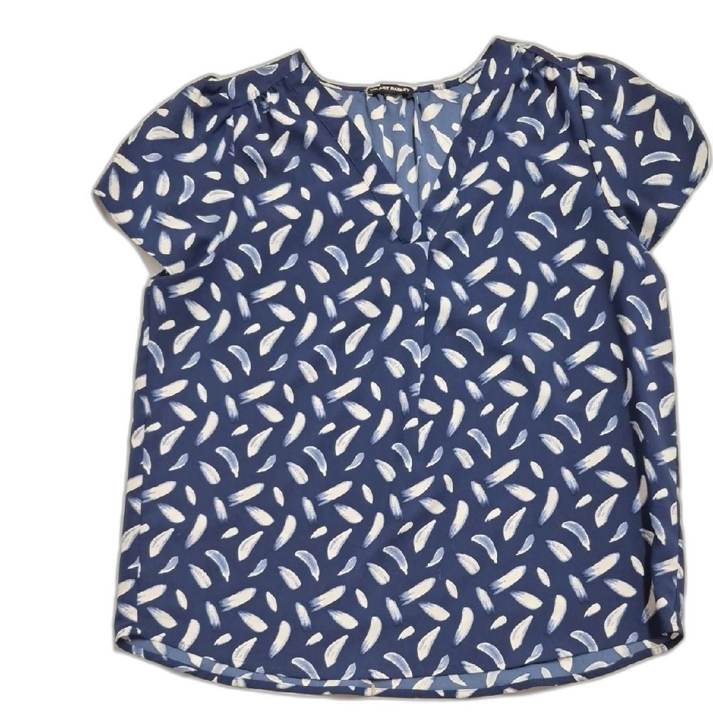 Hilary Radley Navy Blue White Leaf Print Blouse Size M Office Siren Career EUC